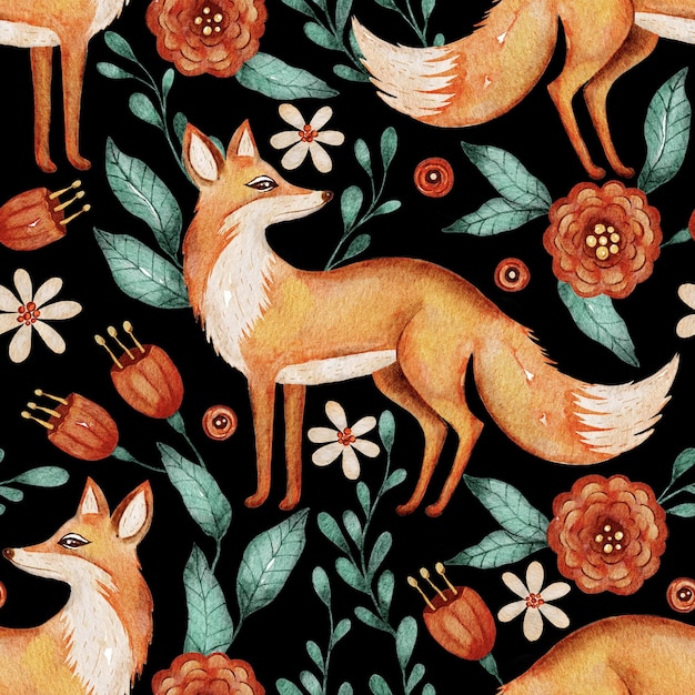 Cute fox forest flower watercolor seamless pattern