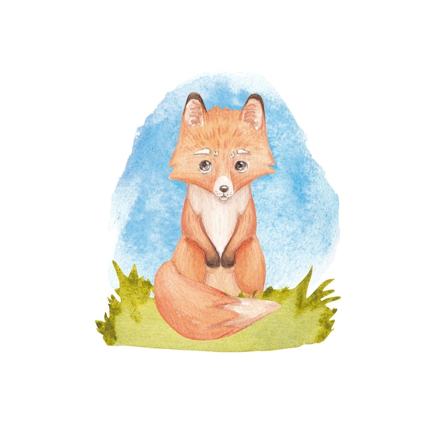 Cute fox on the grass in watercolor on a white background Baby illustration