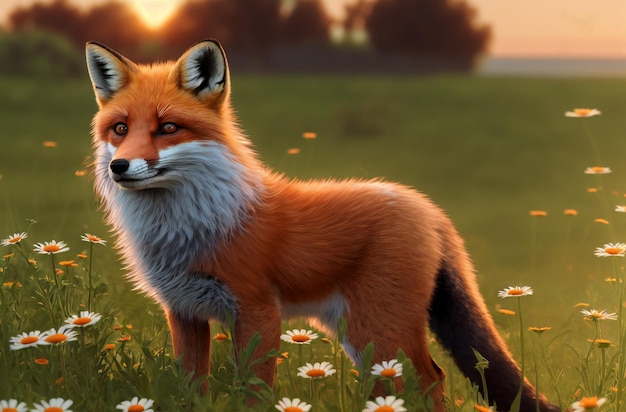 Cute fox on green lawn with daisies at sunset Beautiful cunning animal on green grass with wild flowers chamomiles Generative AI