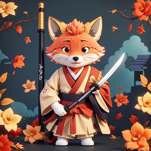 Cute fox kitsune samurai with katana cartoon vector icon illustration animal holiday isolated flat