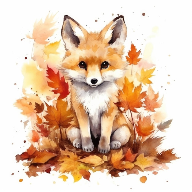 Cute fox sitting in autumn leaves Watercolor illustration isolated on white background