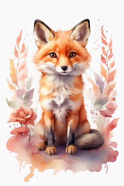 Photo cute fox sitting with flowers watercolor hand drawn illustration