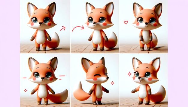 cute fox in various poses smiling curious astonished and winking Each angle emphasizes a unique