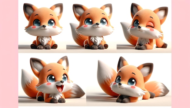 cute fox in various poses smiling curious astonished and winking Each angle emphasizes a unique