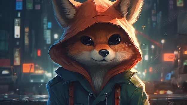 Cute fox wearing hoodie digital art illustration Generative AI