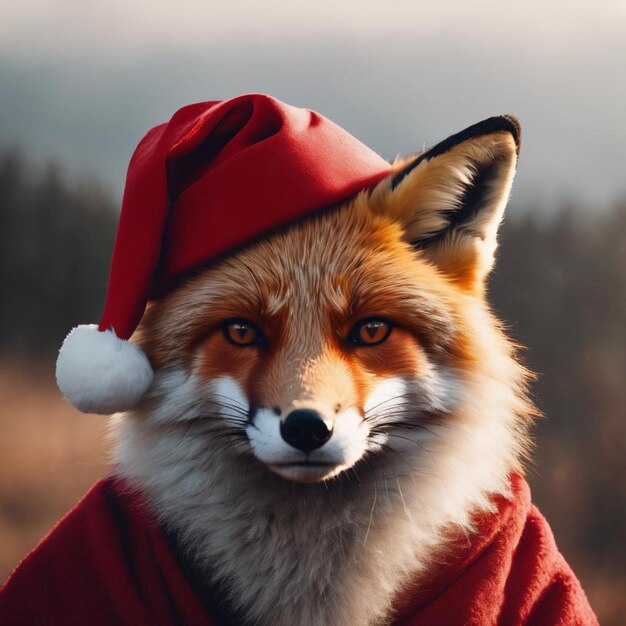 A cute fox wearing a traditional red and white Santa hat