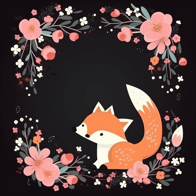 A cute fox with flowers and leaves in a floral frame generative ai