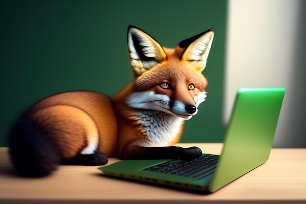 Photo cute fox with laptop on green background 3d rendering