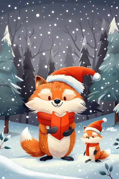 Cute fox with santa claus hat in winter forest illustration