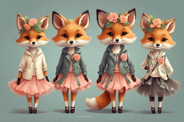 Photo cute foxes in a raincoat and skirt with flowers in their hair