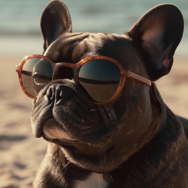 Cute French Buldog in Sunglasses on an ocean sand beach background Generative AI