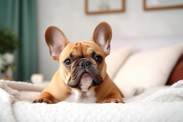 Cute French bulldog in a bedroom closeup AI Generative