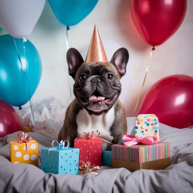 Photo cute french bulldog dog in birthday hat with gifts and balloons sitting in the bed