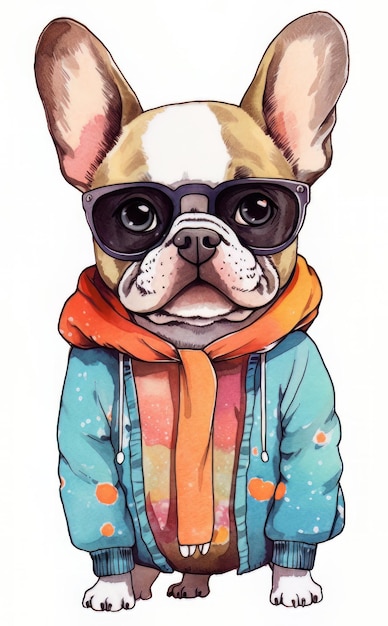 Photo cute french bulldog in glasses and scarf vector illustration