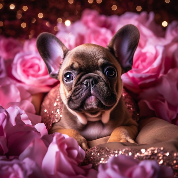 Cute French Bulldog and pink roses