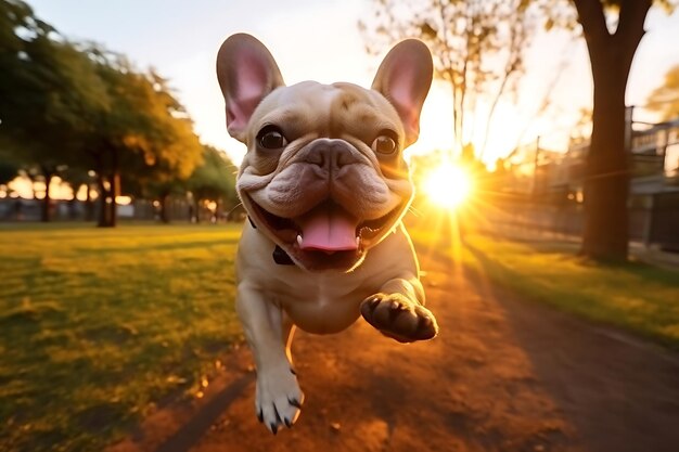 Cute french bulldog playing outdoor and copy space