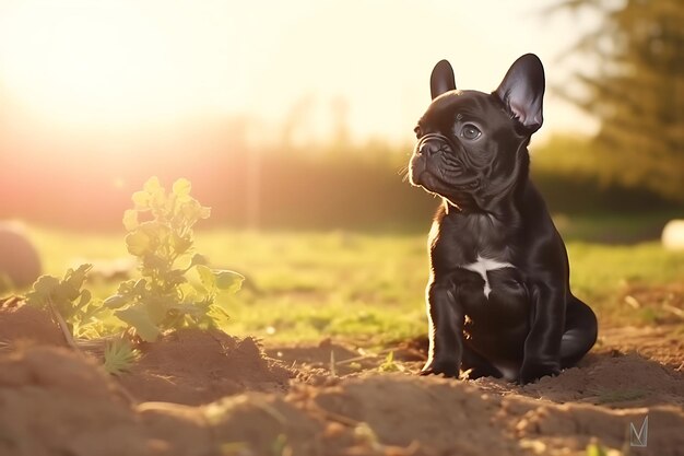 Cute French Bulldog Playing Outdoor And Copy Space