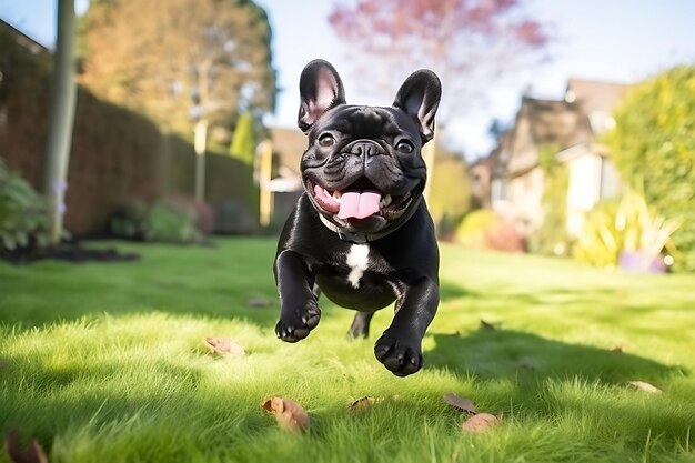 Photo cute french bulldog playing outdoor and copy space