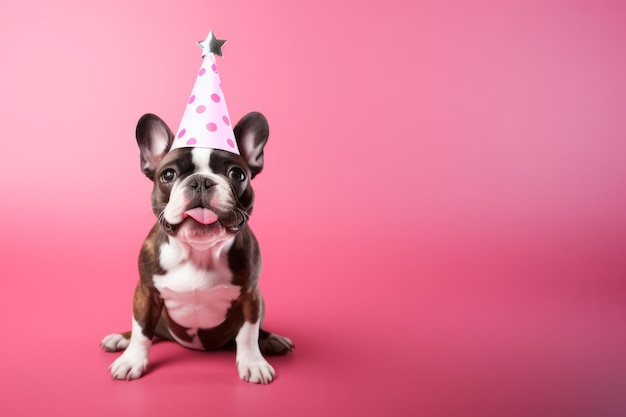 Cute French bulldog puppy in baby pink birthday hat with star studio shot Girl birth day celebration