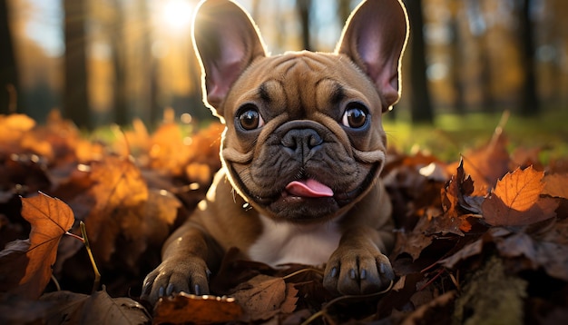 Cute French Bulldog puppy playing in autumn forest generated by artificial intelligence