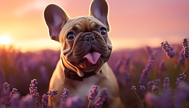 Photo cute french bulldog puppy playing in nature at sunset generated by ai