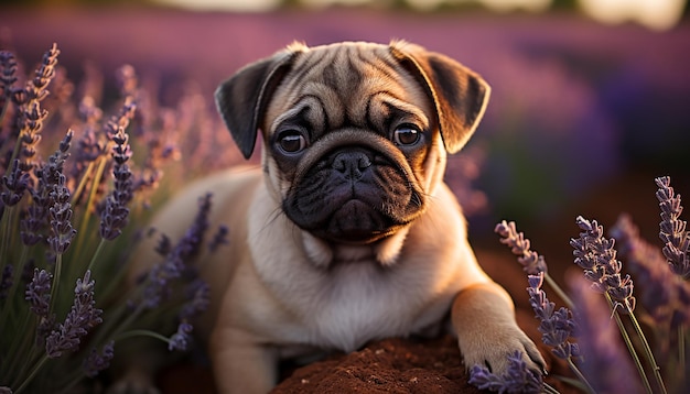 Cute French bulldog puppy sitting on grass looking sad generated by artificial intelligence