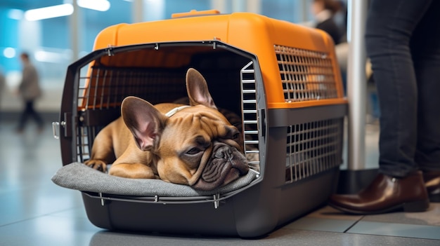 Foto carino cucciolo di bulldog francese che dorme in un portabagagli arancione ai generativa