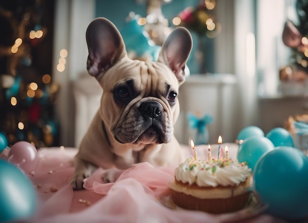 사진 배경 에 생일 케이크 와 불 이 있는 귀여운 프랑스 불도그 강아지