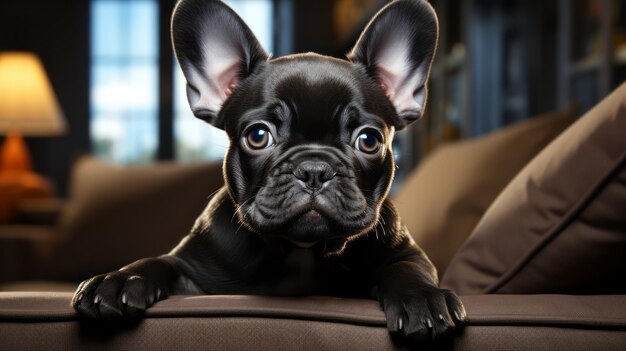 Photo cute french bulldog sitting on sofa in living room