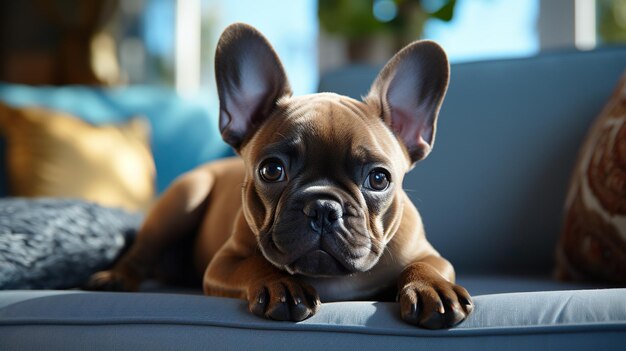 Cute French bulldog sitting on sofa in living room