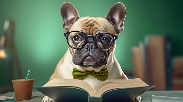 Cute french bulldog student wearing glasses with pile of books AI generated image