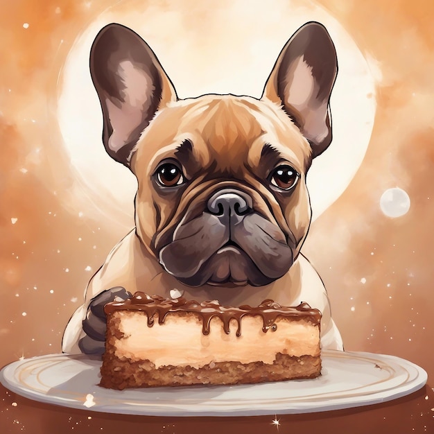 Photo cute french bulldog with a piece of cake on a plate