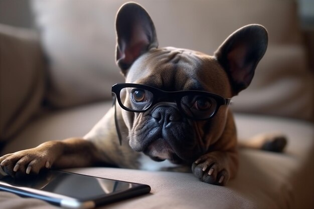 Photo cute french bulldog with surprised eyes in glasses with smile ai generated