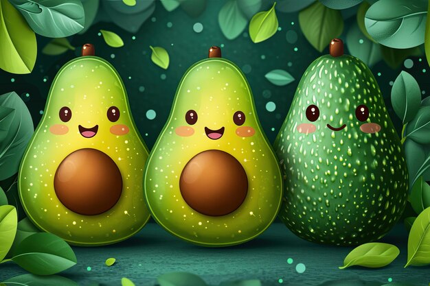 Cute fresh cutted and smiling cartoon avocado