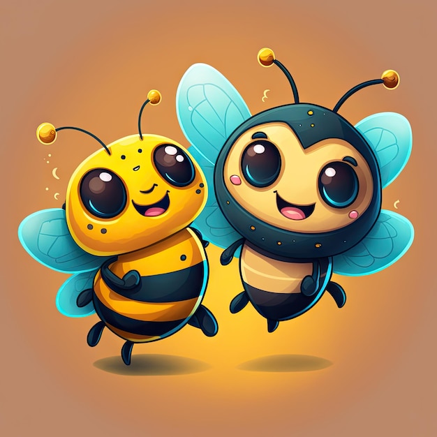 Photo cute friendly bee cartoon happy flying bee with big kind eyes ai generated insect cartoon characters cute honeybees romantic couple baby bumble bees with funny faces