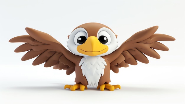 翼を広げた可愛くて友好的なアニメの鷹.大きな目と黄色い喙を持ち,2本の足の上に立っている.