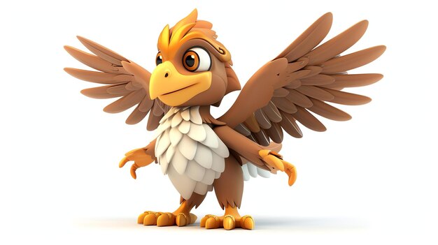 A cute and friendly cartoon falcon with big eyes and a warm smile It has brown and white feathers and is standing on two feet