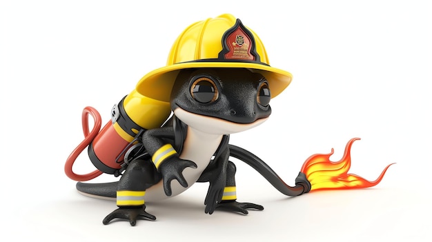 A cute and friendly cartoon salamander firefighter wearing a yellow firefighters helmet and carrying an oxygen tank on its back