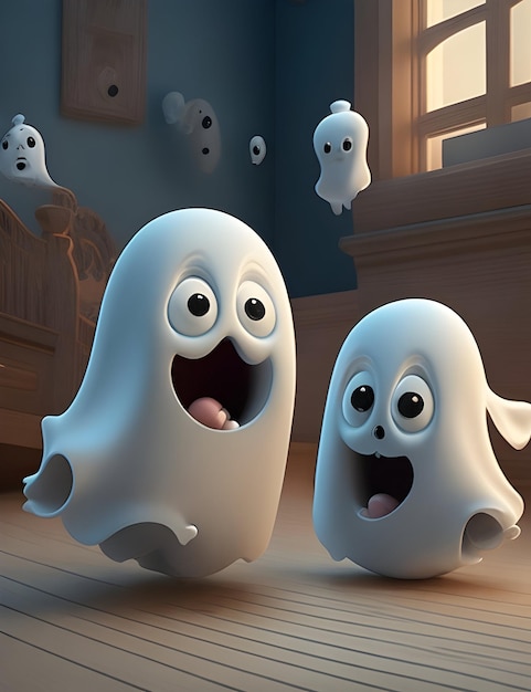 Cute friendly Halloween 3d ghost in the house