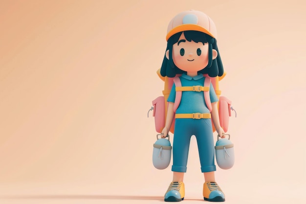 A cute friendly hiking character wearing a backpack d rendering style illustration