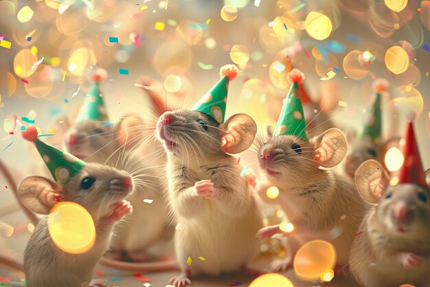 Cute friendly mice in festive party hats gathered at a fancy party surrounded by the glow of bokeh lights and a flurry of paper shoot confetti