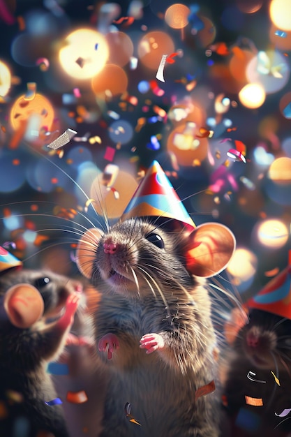 Cute friendly mice in festive party hats gathered at a fancy party surrounded by the glow of bokeh lights and a flurry of paper shoot confetti