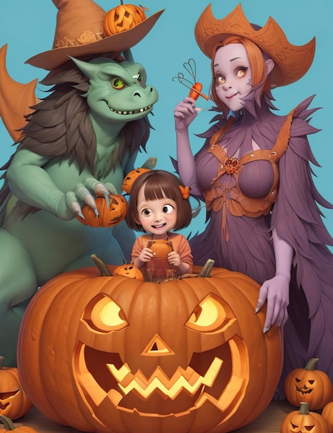 Cute and friendly monsters enjoying a pumpkin carving party