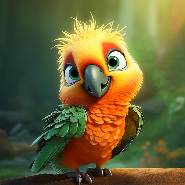 사랑스럽고 친절한 무새 녹색과 오렌지색 털