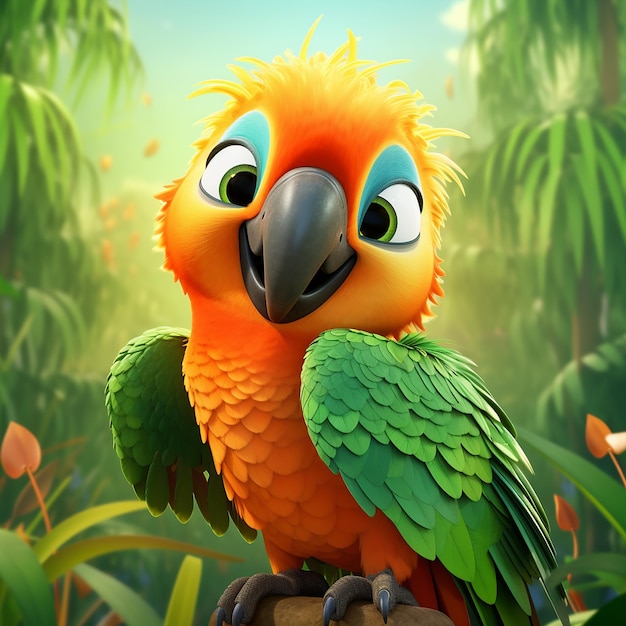 Милый и дружелюбный попугай с зелеными и оранжевыми перьями