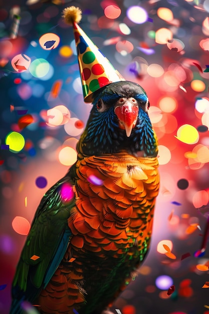 Милый дружелюбный попугай в шикарной партийной шляпе празднует в стиле на шикарной вечеринке с элегантными огнями боке и взрывом бумажных конфетов вокруг