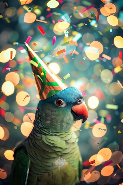 Photo a cute friendly parrot wearing a chic party hat celebrating in style at a fancy party with elegant bokeh lights and a burst of paper confetti around