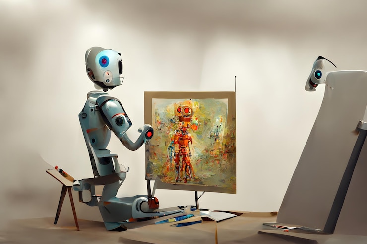 Photo cute and friendly robot artist in the studio next to his easel painting and paints while working neural network ai generated art
