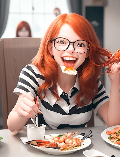 AIによって生成されたピザを食べているカフェの可愛い友人