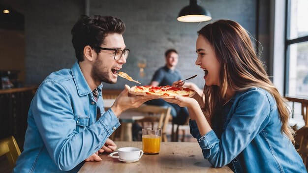 Cute friends in a cafe eatting a pizza